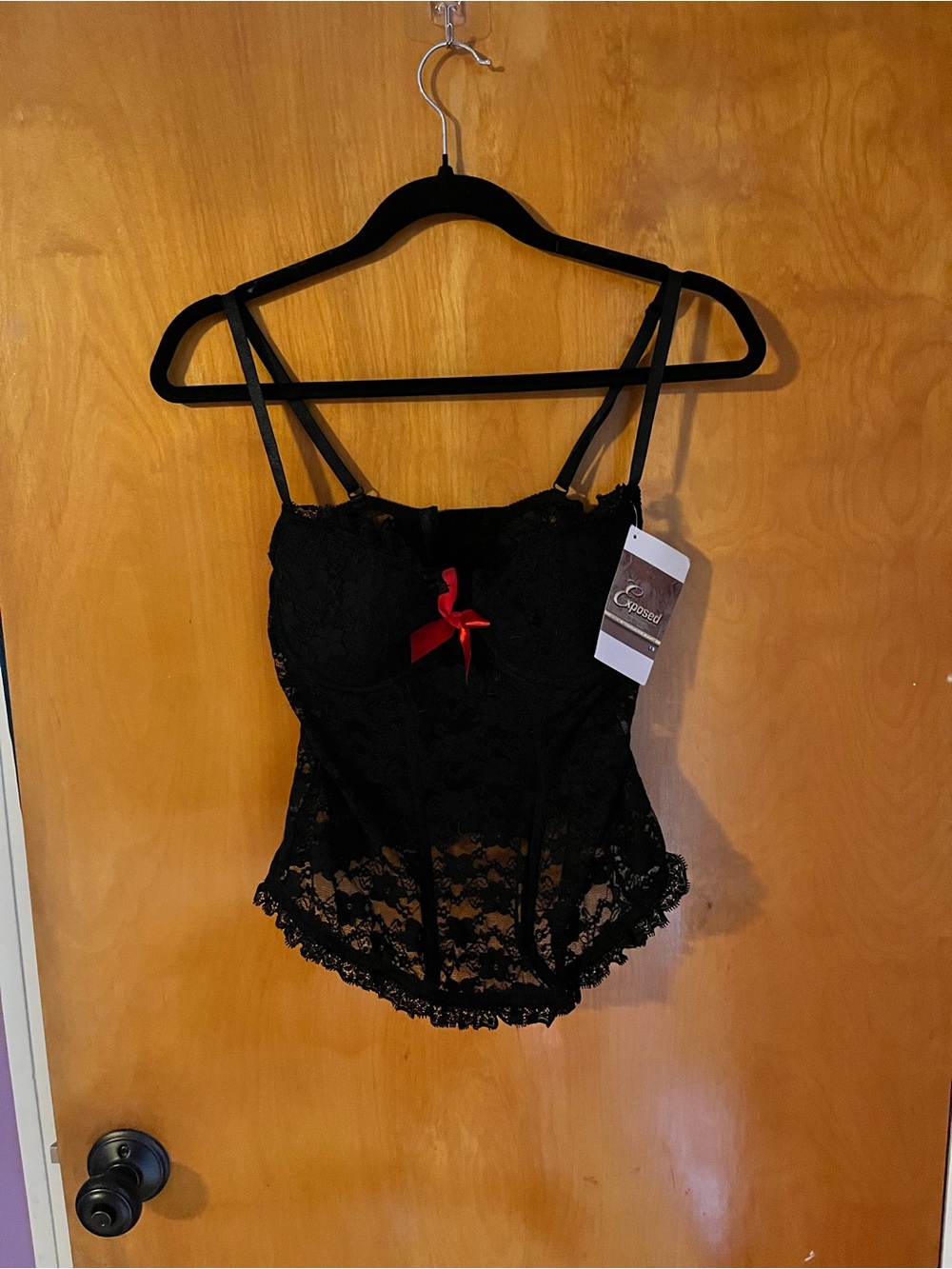 Exposed black Lace corset with Red Ribbon Accent - NWT